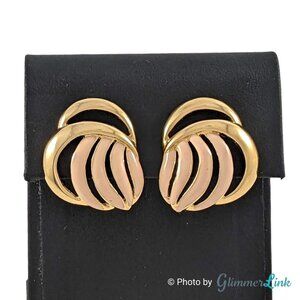 Vintage 1960s Crown Trifari Cream Enamel Abstract Openwork Gold Tone Earrings